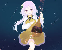 Rule 34 | 1girl, black neckwear, black ribbon, blue background, blue sky, brown collar, brown dress, collar, dress, flower, hair flower, hair ornament, hands up, highres, instrument, leaf, leaf hair ornament, long hair, long sleeves, looking at viewer, music, musical note, night, night sky, note, open mouth, pink hair, playing instrument, purple eyes, ribbon, sky, smile, solo, star (sky), touhou, tsukumo benben, twintails, umi (nana spring), white flower, white sleeves