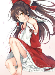 Rule 34 | 1girl, armpit peek, bare shoulders, barefoot, bloomers, blush, bow, brown eyes, brown hair, closed mouth, detached sleeves, feet, frilled skirt, frills, from side, hair bow, hair tubes, hakurei reimu, head rest, highres, long hair, looking at viewer, looking to the side, nontraditional miko, ponytail, red bow, red shirt, red skirt, ribbon-trimmed sleeves, ribbon trim, rinarisa, sarashi, shirt, sidelocks, skirt, skirt set, sleeveless, sleeveless shirt, smile, solo, touhou, underwear, wide sleeves