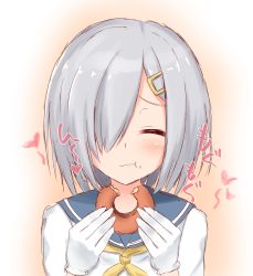 Rule 34 | :t, blush, closed mouth, doughnut, eating, closed eyes, food, food on face, gloves, hair ornament, hair over one eye, hairpin, hamakaze (kancolle), highres, kantai collection, makochan42, school uniform, serafuku, silver hair, simple background, solo