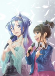 Rule 34 | 2girls, blue eyes, blue hair, blunt bangs, brown hair, choker, commentary, earrings, feathers, hair between eyes, hair ornament, hand on own chest, highres, holding, holding microphone, jewelry, kazanari tsubasa, long hair, looking at another, microphone, multiple girls, murakami hisashi, music, open mouth, purple eyes, senki zesshou symphogear, side ponytail, singing, smile