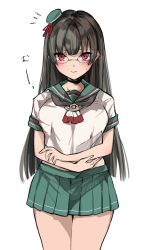 Rule 34 | 1girl, adapted costume, black choker, black hair, black neckerchief, blush, breasts, chigasaki yukari, choker, choukai (kancolle), closed mouth, crossed arms, glasses, hat, highres, kantai collection, large breasts, long hair, looking at viewer, mini hat, neckerchief, pleated skirt, red eyes, sailor collar, school uniform, serafuku, short sleeves, simple background, skirt, solo, sweat, white background