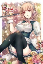 Rule 34 | 10s, 1girl, alternate costume, blonde hair, breasts, cleavage, cleavage cutout, clothing cutout, danganronpa (series), enmaided, covered erect nipples, flipped hair, flower, hair ornament, hairclip, large breasts, looking at viewer, maid, maid headdress, name tag, nanami chiaki, pink eyes, pink hair, puffy short sleeves, puffy sleeves, red eyes, short sleeves, sitting, smile, solo, danganronpa 2: goodbye despair, thighhighs, z-epto (chat-noir86)