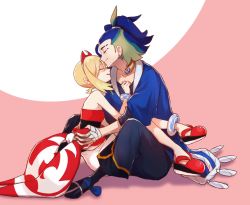 Rule 34 | 1boy, 1girl, adaman (pokemon), anklet, blonde hair, blue coat, blue hair, blush, closed eyes, closed mouth, coat, collar, collarbone, commentary request, creatures (company), earrings, eyebrow cut, from side, game freak, green hair, hairband, hand wraps, highres, irida (pokemon), jewelry, mozu (teluto), nintendo, pokemon, pokemon legends: arceus, ponytail, red footwear, red hairband, red shirt, sash, shirt, shoes, shorts, smile, strapless, strapless shirt, waist cape, white shorts