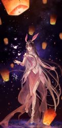 Rule 34 | 1girl, absurdres, animal ears, bare legs, brown hair, bug, butterfly, douluo dalu, douluo dalu xiaowu zhuye, dress, full body, hair ornament, high heels, highres, insect, lantern, looking to the side, night, night sky, pink dress, ponytail, rabbit ears, ripples, sky, solo, water, xiao wu (douluo dalu)
