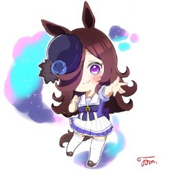 Rule 34 | 1girl, animal ears, blue flower, blue hat, blue rose, blush, bow, bowtie, brown footwear, brown hair, chibi, clenched hand, closed mouth, diffraction spikes, flower, full body, hair over one eye, hat, highres, horse ears, horse girl, horse tail, long hair, outstretched arm, purple eyes, reaching, reaching towards viewer, rice shower (umamusume), rose, sailor collar, sarijiyamu, school uniform, shoes, signature, skirt, smile, solo, standing, tail, thighhighs, tracen school uniform, umamusume, white skirt, white thighhighs