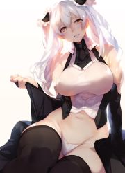 Rule 34 | 1girl, bare shoulders, black necktie, black theme, black thighhighs, breasts, brown eyes, detached sleeves, eyelashes, framed breasts, grin, large breasts, long hair, looking at viewer, navel, necktie, no pants, original, sasaoka gungu, simple background, sitting, smile, solo, thighhighs, twintails, white background, white hair