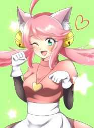 Rule 34 | 1girl, absurdres, animal ears, bell, cat ears, fang, gloves, green eyes, highres, mad mew mew, magical girl, pink hair, undertale, white gloves, wink