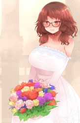 Rule 34 | 1girl, alternate breast size, alternate costume, arano oki, bare shoulders, blush, bouquet, breasts, brown hair, cleavage, collarbone, commentary request, dress, elbow gloves, flower, flower request, glasses, gloves, happy, huge breasts, large breasts, looking at viewer, low twintails, aged up, parted lips, red eyes, short hair, smile, solo, strapless, strapless dress, touhou, twintails, usami sumireko, wedding, wedding dress, white dress, white gloves