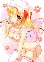 Rule 34 | 1girl, animal ears, ass cutout, bell, blonde hair, blush, bra, breasts, breasts out, cat cutout, cat ear panties, cat ears, cat lingerie, cat tail, clothing cutout, collar, collarbone, condom, condom in mouth, condom wrapper, flandre scarlet, hat, highres, jingle bell, kemonomimi mode, kneeling, long hair, meme attire, mob cap, mogupuchi, mouth hold, neck bell, nipples, one eye closed, panties, paw pose, red eyes, side-tie panties, side ponytail, simple background, small breasts, solo, tail, thighhighs, touhou, underwear, white bra, white panties, white thighhighs, wrist cuffs