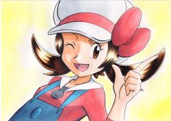 Rule 34 | 1girl, ;d, blue overalls, bow, brown eyes, brown hair, cabbie hat, commentary request, creatures (company), eyelashes, game freak, hand up, hat, hat bow, highres, long hair, lyra (pokemon), nintendo, oka mochi, one eye closed, open mouth, overalls, pokemon, pokemon hgss, red bow, red shirt, shirt, smile, solo, tongue, traditional media, twintails, upper body, white hat, yellow background