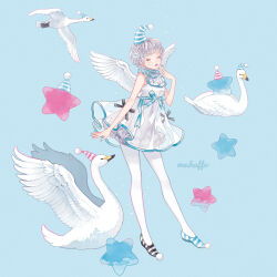 Rule 34 | 1girl, animal, arm at side, artist name, asymmetrical footwear, bird, bird wings, black footwear, blue background, blue footwear, blue nails, bow, closed eyes, dress, feathered wings, frills, full body, grey hair, hand up, hat, highres, mismatched footwear, mokaffe, nail polish, open mouth, original, pantyhose, parted lips, party hat, pom pom (clothes), ribbon, santa hat, shoes, short hair, simple background, sleeveless, sleeveless dress, solo, standing, star (symbol), striped clothes, striped footwear, swan, white bird, white dress, white pantyhose, white wings, wings