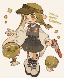 Rule 34 | 1girl, :d, asymmetrical hair, black bow, black skirt, black vest, boots, bow, bow skirt, braid, buttons, commentary request, cross-laced footwear, fang, full body, green hair, green hat, happy birthday, hat, hat ring, highres, holding, holding weapon, inkling, inkling girl, inkling player character, japanese clothes, kimono, long hair, n-zap (splatoon), nintendo, no nose, notice lines, open mouth, orange eyes, p0m4 p0m4, pleated skirt, pointy ears, short kimono, single braid, skin fang, skirt, smile, solo, splatoon (series), splatoon 3, star (symbol), super chump (splatoon), tentacle hair, translation request, vest, visor cap, weapon, white background, white footwear, white kimono, wide sleeves