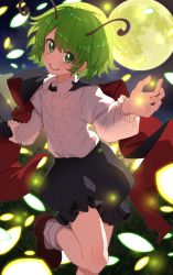 Rule 34 | 1girl, androgynous, antennae, black cape, black shorts, brown footwear, buttons, cape, collared shirt, commentary request, danmaku, feet out of frame, female focus, flat chest, foot out of frame, frilled shorts, frilled sleeves, frills, fuji tarawi, full moon, green eyes, green hair, highres, long sleeves, looking at viewer, moon, open mouth, outdoors, red cape, revision, shirt, shoes, short hair, shorts, smile, socks, solo, touhou, two-sided cape, two-sided fabric, white shirt, white socks, wriggle nightbug