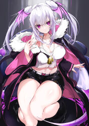 Rule 34 | 1girl, absurdres, arknights, breasts, camisole, cleavage, dog tags, grey hair, head wings, highres, jacket, jacket on shoulders, jewelry, knees together feet apart, large breasts, long hair, long sleeves, manticore (arknights), midriff, navel, necklace, pointy ears, purple eyes, scorpion tail, shoes, short hair, solo, tail, thighs, twintails, wide sleeves, wings, yonagi white