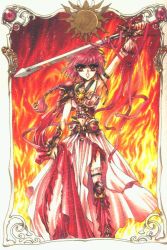 Rule 34 | 1990s (style), 1girl, armor, armored dress, braid, clamp, cover, cover page, fire, long hair, magic knight rayearth, midriff, official art, red background, red eyes, red hair, red theme, retro artstyle, ribbon, shidou hikaru, single braid, solo, sun symbol, sword, weapon