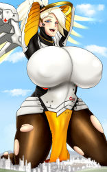 Rule 34 | 1girl, absurdres, blonde hair, blue eyes, breasts, female focus, giant, giantess, highres, huge breasts, looking at viewer, mercy (overwatch), mkonstantinov, overwatch, overwatch 1, ponytail, solo, torn clothes