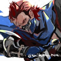 1boy fire_emblem fire_emblem_fates kunai male_focus mask mouth_mask ninja ninja_mask nintendo one_eye_closed red_eyes red_hair saizo_(fire_emblem) scar scar_across_eye scarf solo suikomu_now weapon