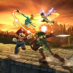 Rule 34 | 1girl, 3boys, absurdres, battle, blonde hair, brown hair, earrings, gloves, group battle, hat, highres, holding, holding sword, holding weapon, hylian shield, jewelry, kid icarus, link, mario, mario (series), master sword, metroid, multiple boys, nintendo, official art, pit (kid icarus), pointy ears, ponytail, samus aran, scenery, shield, super mario bros. 1, super smash bros., sword, the legend of zelda, weapon, whip, wings, zero suit