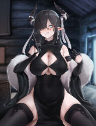 Rule 34 | 1girl, :d, absurdres, arknights, basket sarkaz lady, black dress, black gloves, black thighhighs, blue eyes, blush, breasts, brown hair, cleavage, cleavage cutout, clothing cutout, cowboy shot, dress, feather boa, gloves, grin, hair over one eye, half gloves, hand up, highres, horns, huge breasts, index finger raised, indoors, large breasts, legs apart, log cabin, long hair, looking at viewer, mildt, mole, mole on breast, one eye covered, open mouth, pelvic curtain, pointy ears, side slit, sidelocks, signature, skindentation, smile, solo, teeth, thick thighs, thighhighs, thighs, wooden wall