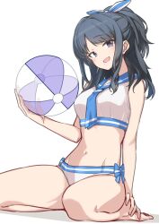 Rule 34 | 1girl, arm support, azu ankoowl, ball, barefoot, beachball, bikini, black eyes, black hair, blue bow, blue neckerchief, blue sailor collar, bow, breasts, commentary request, hair ribbon, half-closed eyes, hand up, highres, holding, holding ball, idolmaster, idolmaster shiny colors, kazano hiori, legs, light blush, long hair, looking at viewer, medium breasts, mole, mole under mouth, navel, neckerchief, open mouth, ponytail, ribbon, sailor collar, sailor swimsuit (idolmaster), seiza, sidelocks, sitting, smile, solo, stomach, swimsuit, thighs, white background, white bikini