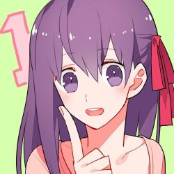 Rule 34 | 1girl, bad id, bad twitter id, bow, countdown, fate/stay night, fate (series), green background, gum (gmng), hair ribbon, index finger raised, long hair, lowres, matou sakura, open mouth, purple eyes, purple hair, ribbon, solo