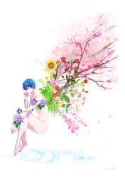 Rule 34 | 1girl, androgynous, closed eyes, commentary request, completely nude, dated, flat chest, flower, gekkan shoujo nozaki-kun, highres, holding, holding flower, kashima yuu, muramaru, nude, ripples, short hair, solo, sunflower, tree, twitter username