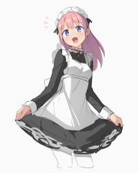 Rule 34 | 1girl, :d, blue eyes, cropped legs, fang, highres, long hair, long sleeves, looking at viewer, maid, maid headdress, open mouth, original, pink hair, saiste, simple background, skin fang, skirt hold, smile, solo, white background