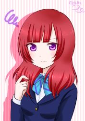 Rule 34 | 10s, 1girl, alternate hair length, alternate hairstyle, blazer, blue bow, blue bowtie, blunt bangs, blush, bow, bowtie, jacket, light frown, long hair, long sleeves, love live!, love live! school idol project, nishikino maki, purple eyes, red hair, ribbon, ric. (marchen mozuku), school uniform, signature, solo, squiggle, striped background, striped bow, striped bowtie, striped clothes, striped neckwear, twirling hair, twitter username, uniform, vertical stripes