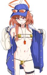 Rule 34 | 1girl, bandaid, bandaid on face, bandaid on nose, bikini, blue archive, blue hat, blue jacket, breasts, clearite, collarbone, covered erect nipples, eyepatch bikini, eyewear on headwear, gold bikini, halo, hat, highres, jacket, long hair, navel, open clothes, open jacket, purple eyes, red hair, red halo, rei (blue archive), simple background, sketch, small breasts, solo, stomach, sunglasses, swimsuit, thigh strap, whistle, whistle around neck, white background