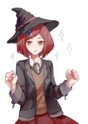 Rule 34 | 1girl, :o, absurdres, black hat, black jacket, brown vest, clenched hands, collared shirt, danganronpa (series), danganronpa v3: killing harmony, gem hair ornament, grey background, grey shirt, hands up, hat, highres, jacket, open clothes, open jacket, open mouth, pleated skirt, red hair, red skirt, shirt, short hair, simple background, sixii, skirt, solo, sparkle, vest, witch hat, yumeno himiko