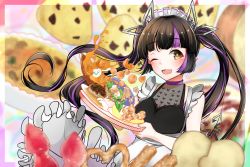 Rule 34 | 1girl, alternate costume, apron, black hair, black shirt, blouse, blunt bangs, blurry, blurry background, blush, breasts, cleavage, commentary request, dameyoshi, demon girl, demon horns, demon tail, enmaided, food, fruit, hamburger steak, heart, heart print, highres, holding, holding plate, horns, karaage, kojo anna, kojo anna (1st costume), lemon, lemon slice, long hair, looking at viewer, maid, maid apron, maid headdress, medium breasts, multicolored hair, nanashi inc., one eye closed, open mouth, plate, pointy ears, print shirt, purple hair, see-through, see-through cleavage, see-through shirt, shirt, sleeveless, sleeveless shirt, smile, solo, strawberry, sugar lyric, tail, takoyaki, twintails, two-tone hair, upper body, virtual youtuber, white apron, yellow eyes