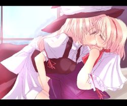 Rule 34 | 2girls, alice margatroid, bed, blonde hair, blue dress, blush, capelet, closed eyes, dress, female focus, fingering, girl on top, hairband, hat, kirisame marisa, kiss, letterboxed, long hair, multiple girls, short hair, touhou, window, witch, witch hat, yuri