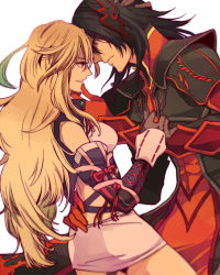 Rule 34 | 1boy, 1girl, armor, black hair, blonde hair, couple, gaius (tales), gloves, grabbing another&#039;s chin, green hair, hand on another&#039;s chin, hand on head, hetero, hiyokko ep, long hair, manly, microskirt, milla maxwell, multicolored hair, red eyes, skirt, smile, surcoat, tales of (series), tales of xillia, two-tone hair, white skirt
