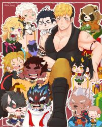 2girls 6+boys black_footwear black_hair blonde_hair blush_stickers bright_pupils brown_pants candy chibi collarbone devil_(housamo) ellie_(housamo) fangs food furry furry_male gift green_eyes green_skirt grey_jacket gyobu_(housamo) hair_between_eyes heterochromia highres holding holding_candy holding_food holding_lollipop horns ibaraki_(housamo) jacket katou_hsm153 kresnik_(housamo) lollipop marchosias_(housamo) multicolored_hair multiple_boys multiple_girls onogami_tetsuya pants pectoral_cleavage pectorals raccoon_boy red_eyes scar scar_across_eye scar_on_arm scar_on_face scar_on_forehead shino_(housamo) skirt suzuka_(housamo) tetsuox_(housamo) thick_eyebrows tokyo_houkago_summoners tsukuyomi_(housamo) two-tone_hair white_hair white_horns white_pupils