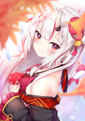 Rule 34 | 1girl, absurdres, autumn leaves, bell, blurry, blush, breasts, closed mouth, commentary, depth of field, double bun, eyelashes, flower, hair bell, hair bun, hair ornament, highres, holding, holding flower, hololive, horns, japanese clothes, kimono, kouhaku nawa, long hair, looking at viewer, mask, mask on head, medium breasts, multicolored hair, nakiri ayame, nakiri ayame (1st costume), off shoulder, oni mask, red eyes, red hair, red kimono, rope, shimenawa, side bun, sideboob, silver hair, single side bun, skin-covered horns, smile, solo, spider lily, streaked hair, tassel, two-tone hair, upper body, virtual youtuber, yuano