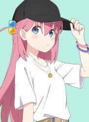 1girl absurdres adjusting_clothes adjusting_headwear baseball_cap blue_background blue_eyes blush bocchi_the_rock! cube_hair_ornament gotoh_hitori hair_ornament hand_up hat highres jewelry long_hair looking_to_the_side mimori_(mimori_05) necklace one_side_up pink_hair shirt shirt_tucked_in short_sleeves solo t-shirt very_long_hair