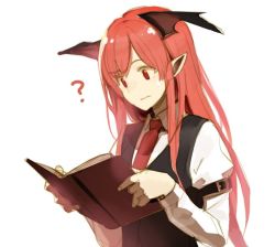 Rule 34 | 1girl, book, closed mouth, eho (icbm), head wings, holding, holding book, koakuma, long hair, long sleeves, necktie, pointy ears, reading, red eyes, red hair, red necktie, sidelocks, simple background, solo, sweat, touhou, upper body, waistcoat, white background, wings