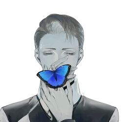 Rule 34 | 1boy, android, animal, averting eyes, blue theme, brown hair, bug, butterfly, butterfly on hand, character request, commentary, covered mouth, covering own mouth, detroit: become human, eyelashes, facial mark, grey hair, half-closed eyes, hands up, hari1000bom, insect, long sleeves, male focus, own hands together, portrait, short hair, sideways glance, simple background, spot color, symbol-only commentary, white background