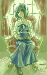 Rule 34 | 1girl, absurdres, ama-tou, armchair, bad id, bad pixiv id, blue eyes, bob cut, chair, face, female focus, full body, green hair, hat, highres, holding, holding clothes, holding hat, layla prismriver, sad, sheet music, short hair, sitting, solo, tears, touhou, unworn hat, unworn headwear, window