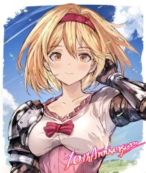Rule 34 | 1girl, anniversary, blonde hair, blue sky, brown eyes, closed mouth, cloud, djeeta (granblue fantasy), dress, gauntlets, granblue fantasy, hair between eyes, hairband, highres, light smile, looking at viewer, monogrbl, pink dress, red hairband, short hair, sky, solo, upper body