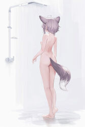 Rule 34 | 1girl, ahoge, animal ears, arknights, ass, back, barefoot, breasts, completely nude, extra ears, fox ears, fox girl, fox tail, from behind, full body, grey hair, heel up, highres, legs, nipples, nude, shower (place), showering, small breasts, solo, standing, sussurro (arknights), tail, timitarcat