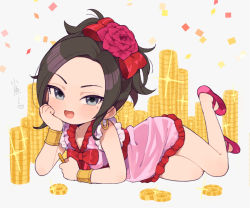 Rule 34 | 1girl, blush, bow, bracelet, chibi, coin, collarbone, confetti, deborah (dq5), dragon quest, dragon quest v, dress, earrings, flower, frilled dress, frills, glint, gold bracelet, grey background, grey eyes, hair flower, hair ornament, head rest, heart, holding, holding coin, hoop earrings, jewelry, long hair, looking at viewer, lying, mole, mole under mouth, moyori, on side, open mouth, pink dress, pink footwear, purple flower, red bow, simple background, single earring, smile, solo, stack