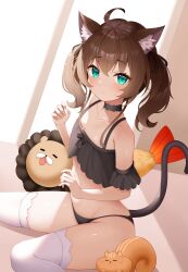 Rule 34 | 1girl, absurdres, ahoge, alternate hairstyle, animal ears, arm garter, armpit crease, bare shoulders, black choker, black panties, blue eyes, blush, brown hair, cat ears, cat girl, cat tail, choker, closed mouth, collarbone, crop top, flat chest, from side, hair between eyes, hair ribbon, highres, hololive, indoors, long bangs, long hair, looking at viewer, natsuiro matsuri, on bed, panties, raised eyebrows, ribbon, roina (effj7473), short twintails, sidelocks, solo, stomach, stuffed animal, stuffed toy, tail, thighhighs, thighs, twintails, underwear, virtual youtuber, white thighhighs
