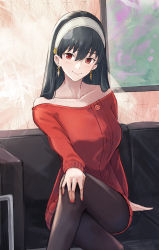 Rule 34 | 1girl, bare shoulders, black hair, black pantyhose, blush, breasts, closed mouth, collarbone, commentary, couch, crossed legs, earrings, ema (kuguiema), glint, gold earrings, hair between eyes, hair down, hairband, hand on own knee, highres, indoors, jewelry, large breasts, long hair, nail polish, off-shoulder sweater, off shoulder, on couch, pantyhose, red eyes, red nails, red sweater, revision, sitting, smile, solo, spy x family, straight hair, sweater, white hairband, yor briar