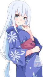 Rule 34 | 10s, 1girl, blue eyes, blue hair, blue kimono, blush, enelis, fish, from side, hand on own chin, idolmaster, idolmaster million live!, idolmaster million live! theater days, japanese clothes, kimono, long hair, looking at viewer, puffy sleeves, shiraishi tsumugi, simple background, smile, solo, upper body, very long hair, white background