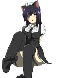 Rule 34 | 1girl, absurdres, animal ears, arms behind back, bdsm, black hair, black thighhighs, blue eyes, blush, bondage, bound, breasts, cat ears, character request, feet, frilled skirt, frills, garter straps, highres, large breasts, maid, maid headdress, mogi yasunobu, necktie, no shoes, pleated skirt, puffy short sleeves, puffy sleeves, rope, short sleeves, skirt, solo, thighhighs, toes