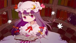 Rule 34 | 1girl, book, bookshelf, capelet, coat, crescent, dress, hair ribbon, hat, highres, library, long hair, long sleeves, looking at viewer, mob cap, open book, open clothes, open coat, patchouli knowledge, purple eyes, purple hair, ribbon, solo, striped clothes, striped dress, touhou, tress ribbon, yamabuki (yusuraume)