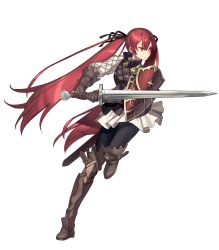Rule 34 | 1girl, armor, belt, black pantyhose, boots, fire emblem, fire emblem fates, fire emblem heroes, full body, gloves, hair ribbon, highres, knee boots, long hair, mercenary (fire emblem), nintendo, official art, pantyhose, pauldrons, red eyes, red hair, ribbon, selena (fire emblem fates), sheath, shoulder armor, single pauldron, skirt, solo, sword, transparent background, twintails, very long hair, weapon, white skirt, zaza (x-can01)