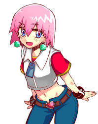 Rule 34 | 1girl, absurdres, arms at sides, beauty (bobobo-bo bo-bobo), blue eyes, blush, bobobo-bo bo-bobo, denim, earrings, highres, hiiragi0209, jeans, jewelry, looking at viewer, midriff, open mouth, pants, pink hair, short hair, smile, solo, standing