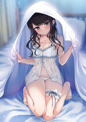 Rule 34 | 1girl, absurdres, babydoll, barefoot, black eyes, black hair, bluhs, breasts, bridal garter, commentary request, full body, highres, indoors, kotohane, lingerie, long hair, navel, on bed, original, panties, pout, sitting, small breasts, solo, twintails, underwear, wavy hair, white panties